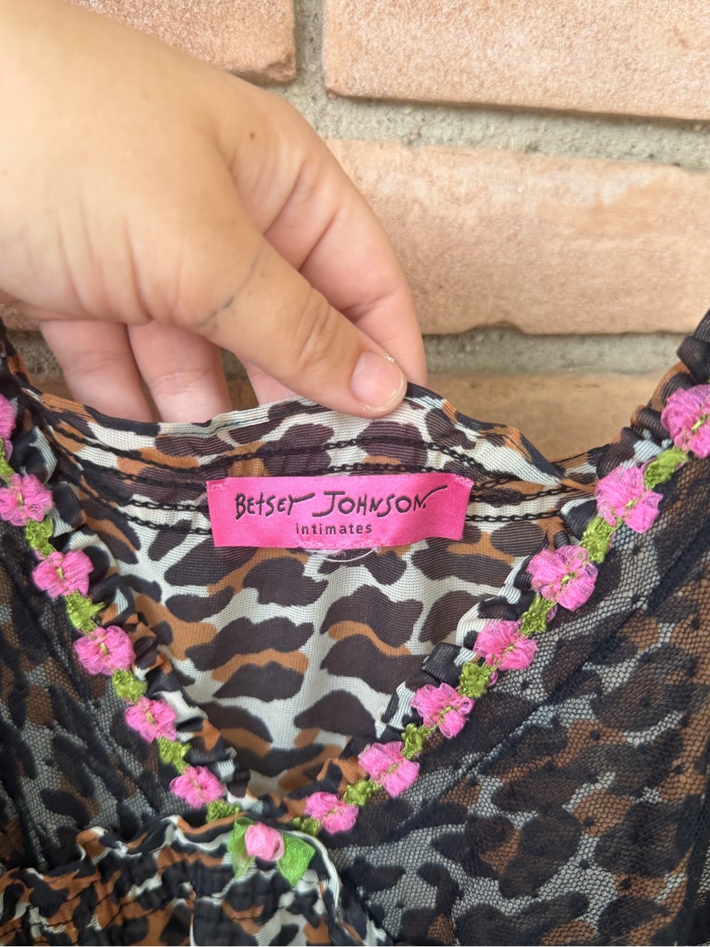 Betsey Johnson Leopard Print Chemise with Pink Floral Trim - Picture 3 of 6
